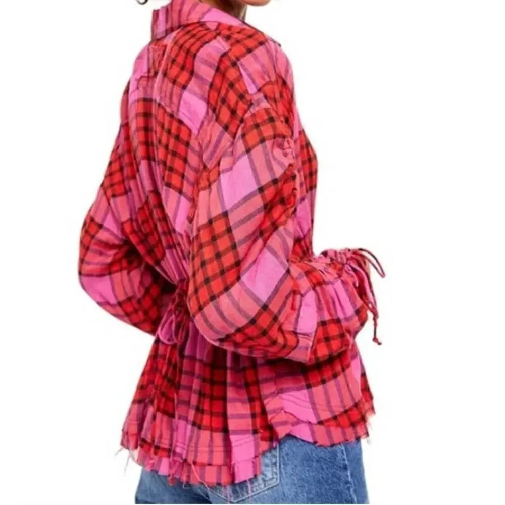 Free People Pacific Dawn Plaid Shirt Hot Pink Red Plaid Snap Button Down Sz. XS